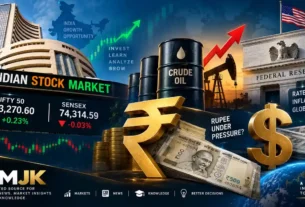 Indian stock market today showing crude oil prices, Federal Reserve rate hike, rupee weakness, Nifty 50 and Sensex market updates