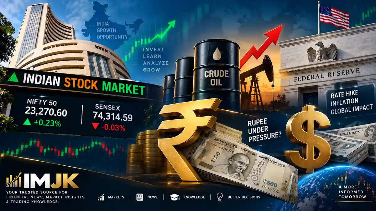 Indian stock market today showing crude oil prices, Federal Reserve rate hike, rupee weakness, Nifty 50 and Sensex market updates